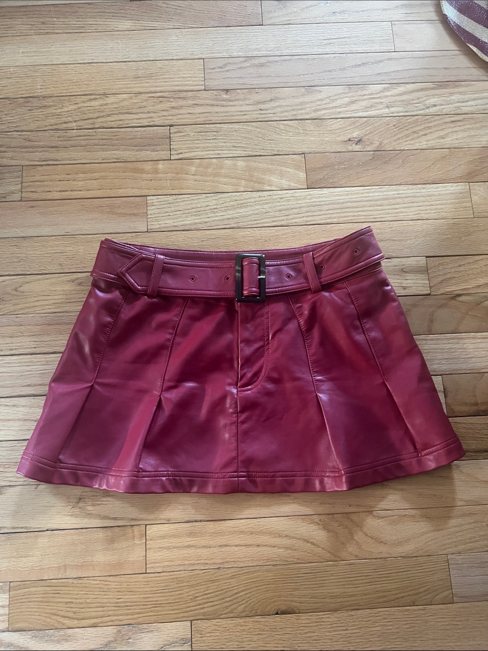 Belted Faux Leather Mini Skirt in Wine Red